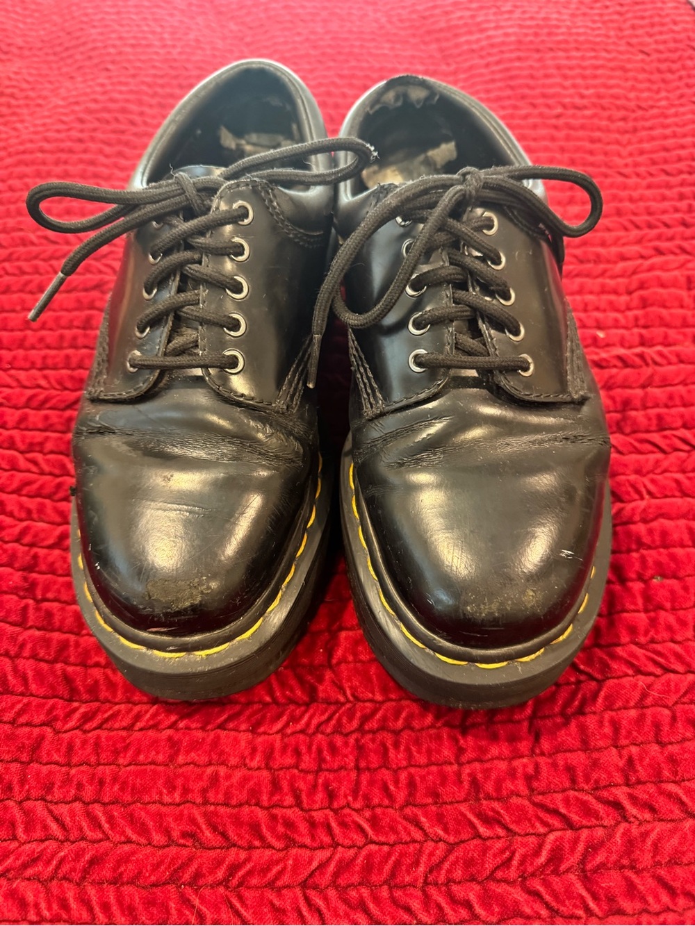 Dr. Martens Black Leather Lace-Up Oxfords with Yellow Stitch Detail